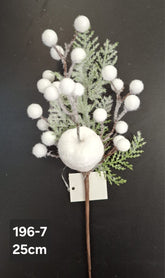 Crenguță artificială de Crăciun cu măr alb și bobițe pufoase, 25 cm, set 10 bucăți